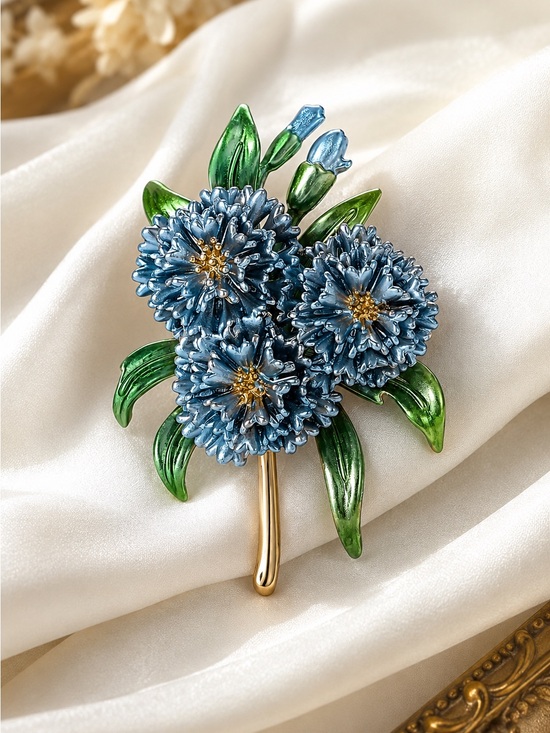 Anthropologie Jewelry - Blue Floral Bouquet Enamel Brooch with Green Leaves